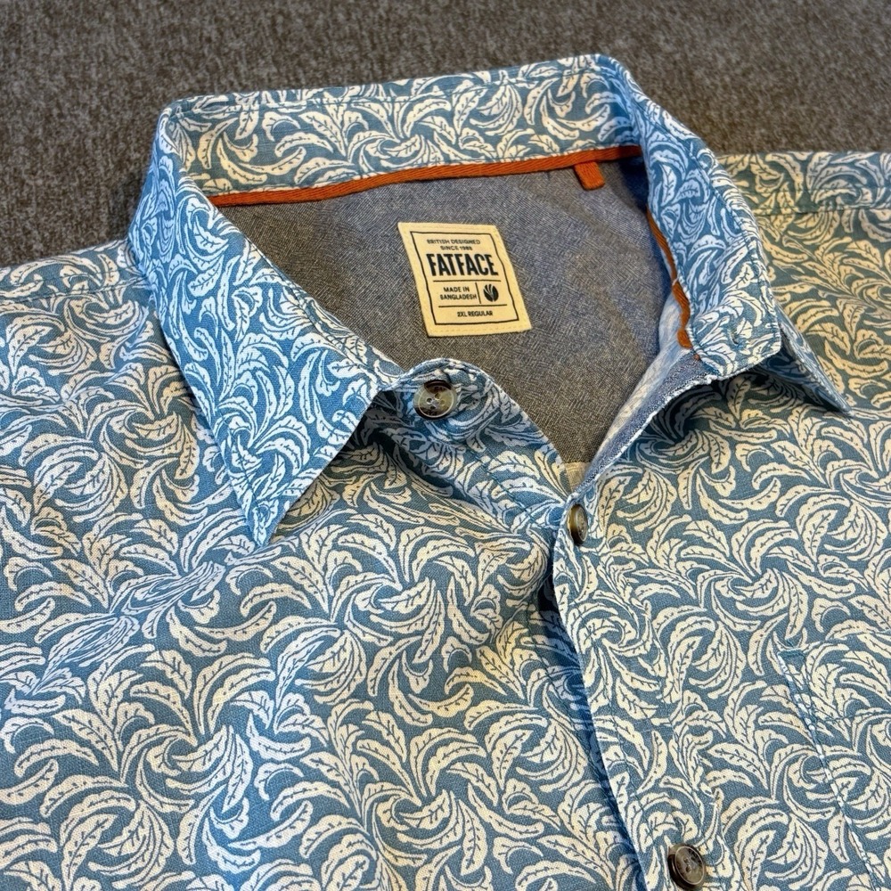 Fat Face Button Shirt Mens Sz 2XL Green & White Floral Button Short Sleeve